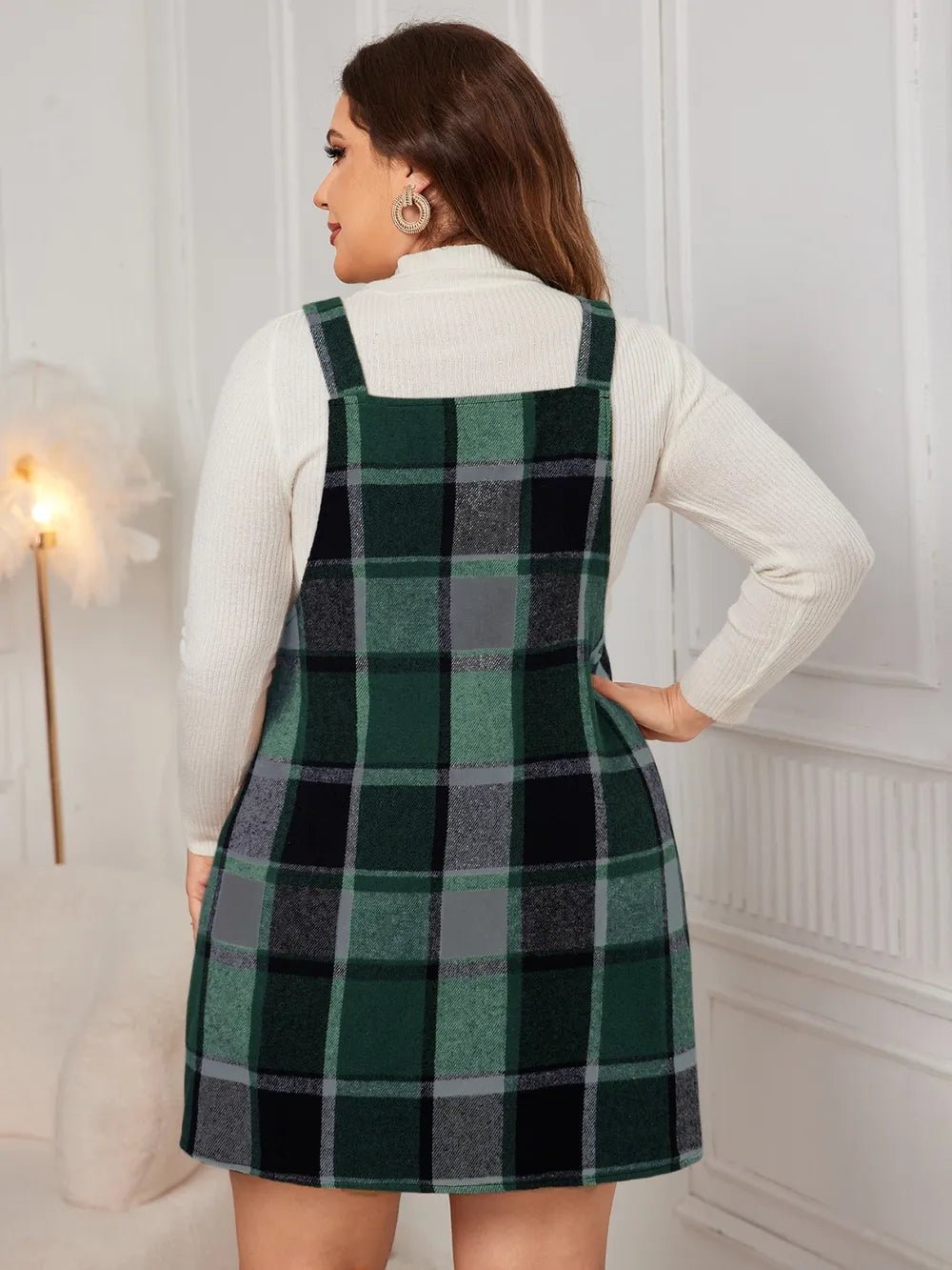 Honey Plus Size Plaid Wide Strap Overall Dress - MAD RUFFI