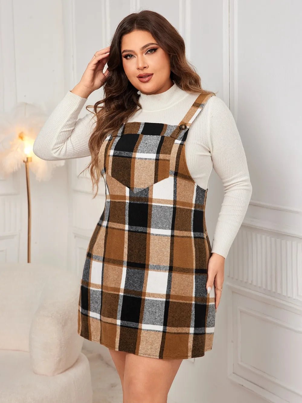 Honey Plus Size Plaid Wide Strap Overall Dress - MAD RUFFI