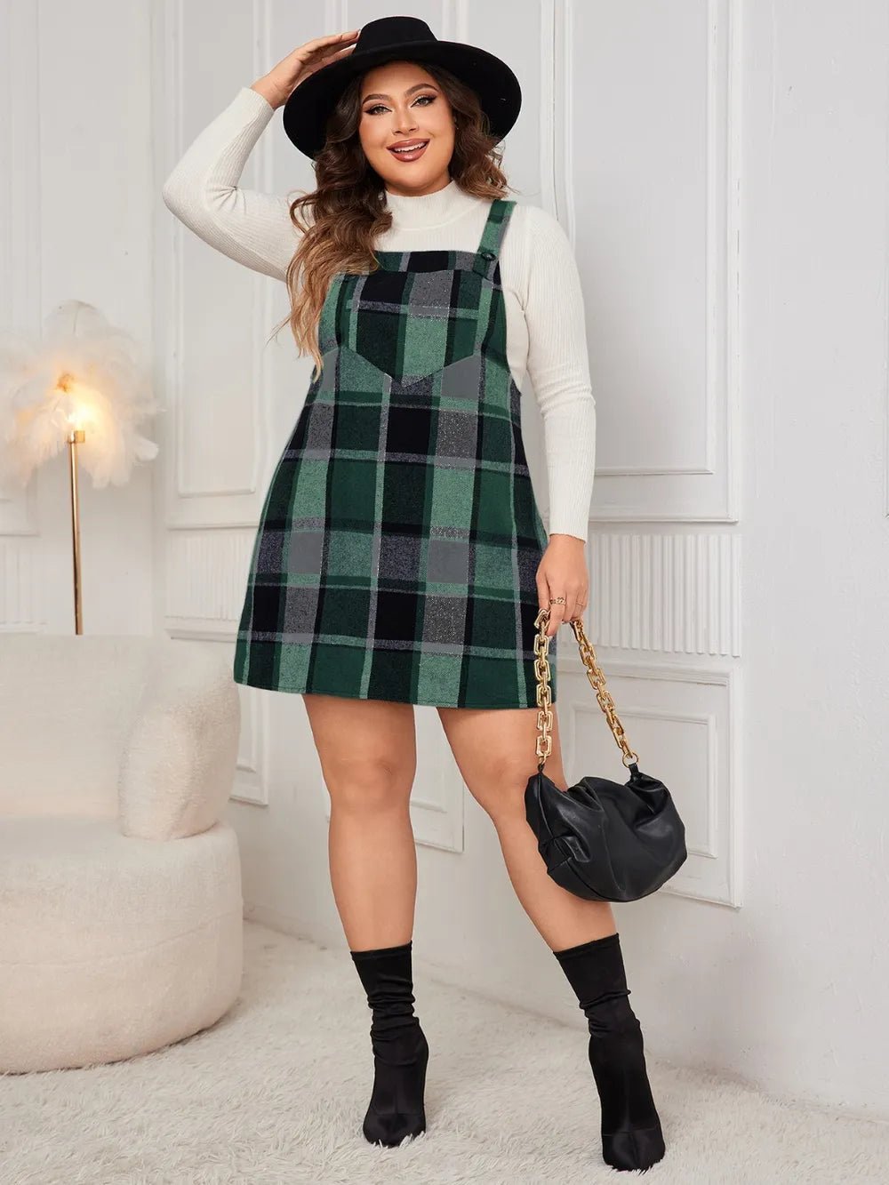 Honey Plus Size Plaid Wide Strap Overall Dress - MAD RUFFI