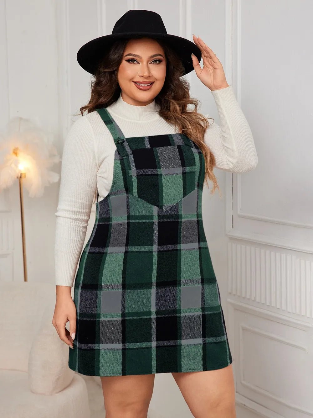 Honey Plus Size Plaid Wide Strap Overall Dress - MAD RUFFI