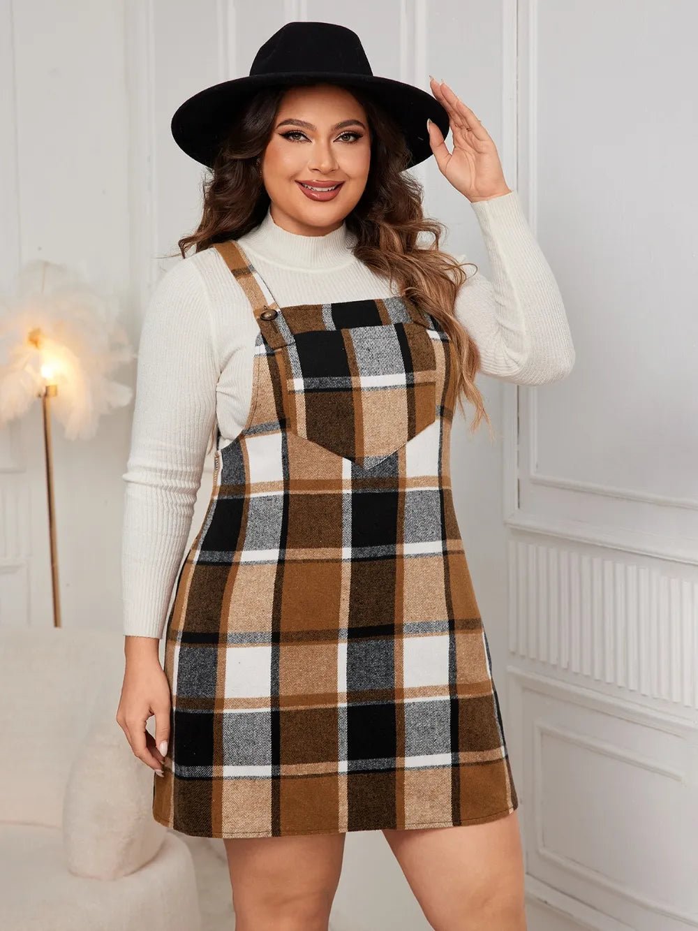 Honey Plus Size Plaid Wide Strap Overall Dress - MAD RUFFI