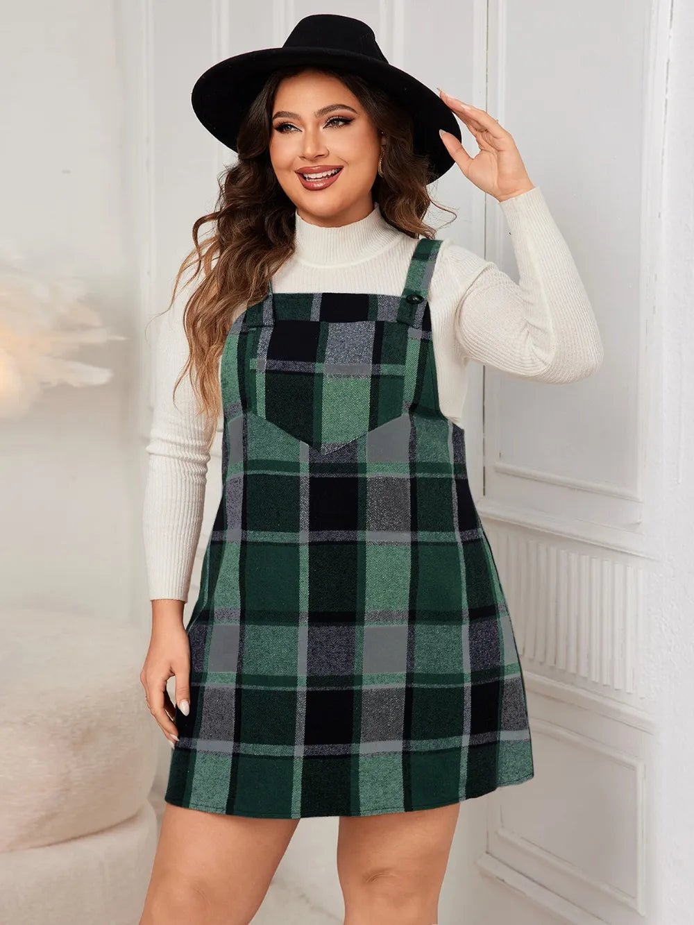 Honey Plus Size Plaid Wide Strap Overall Dress - MAD RUFFI