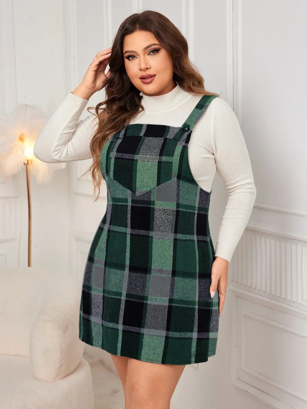 Honey Plus Size Plaid Wide Strap Overall Dress - MAD RUFFI