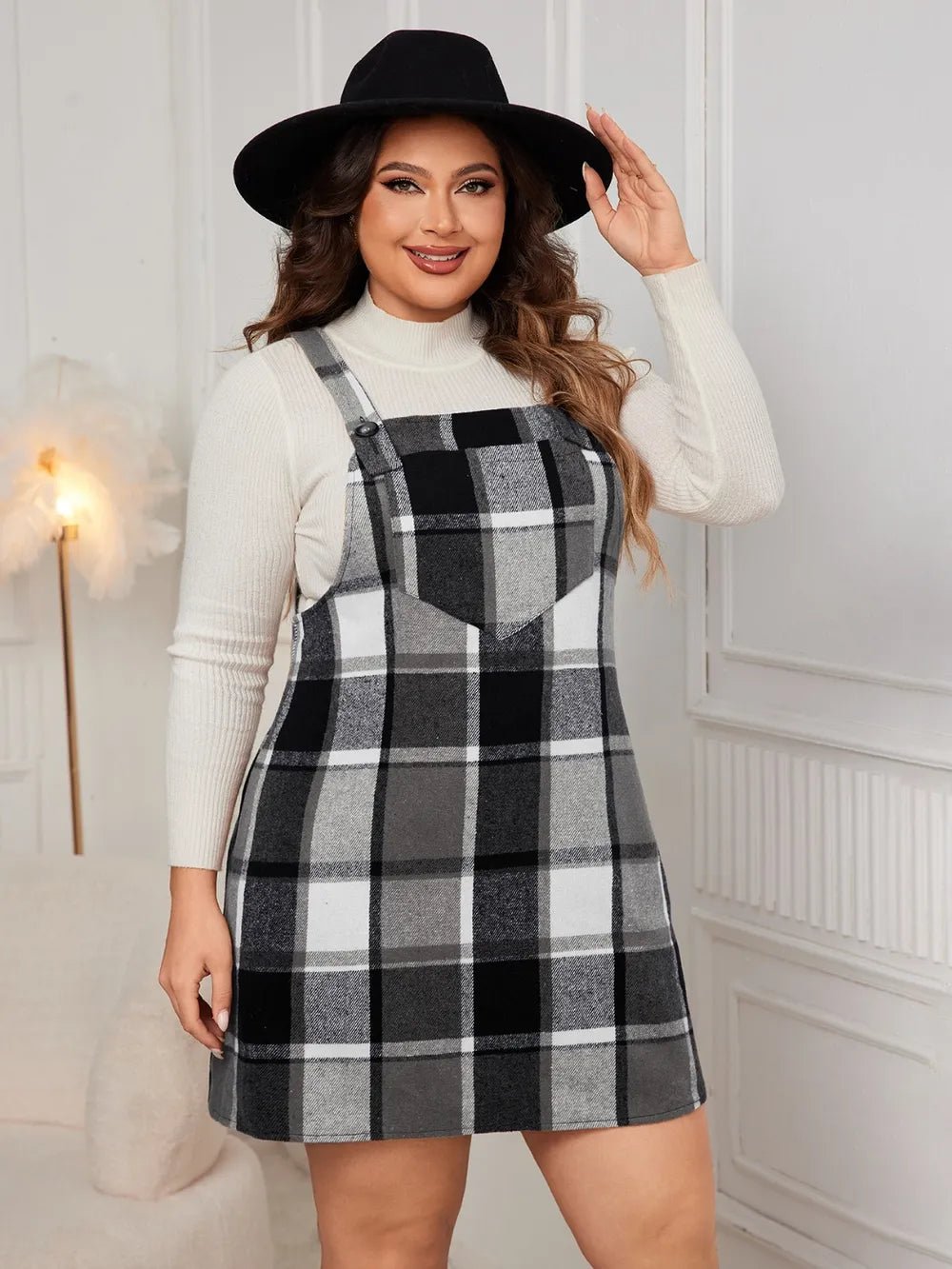 Honey Plus Size Plaid Wide Strap Overall Dress - MAD RUFFI