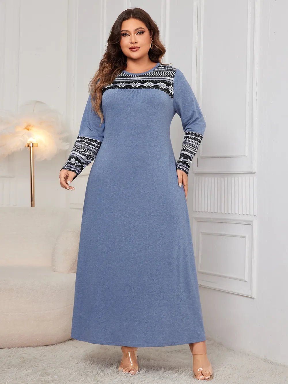 Honey Plus Size Printed Round Neck Long Sleeve Dress - MAD RUFFI