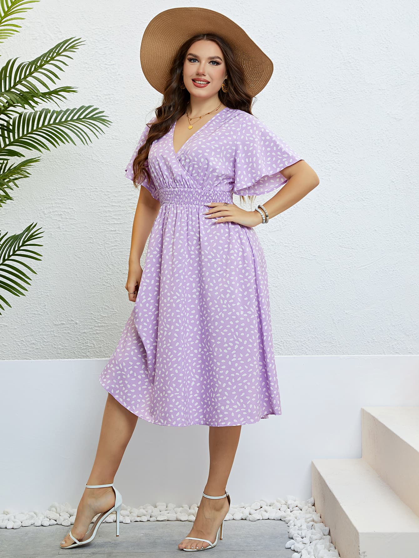 Honey Plus Size Printed Smocked Waist Surplice Dress - MAD RUFFI