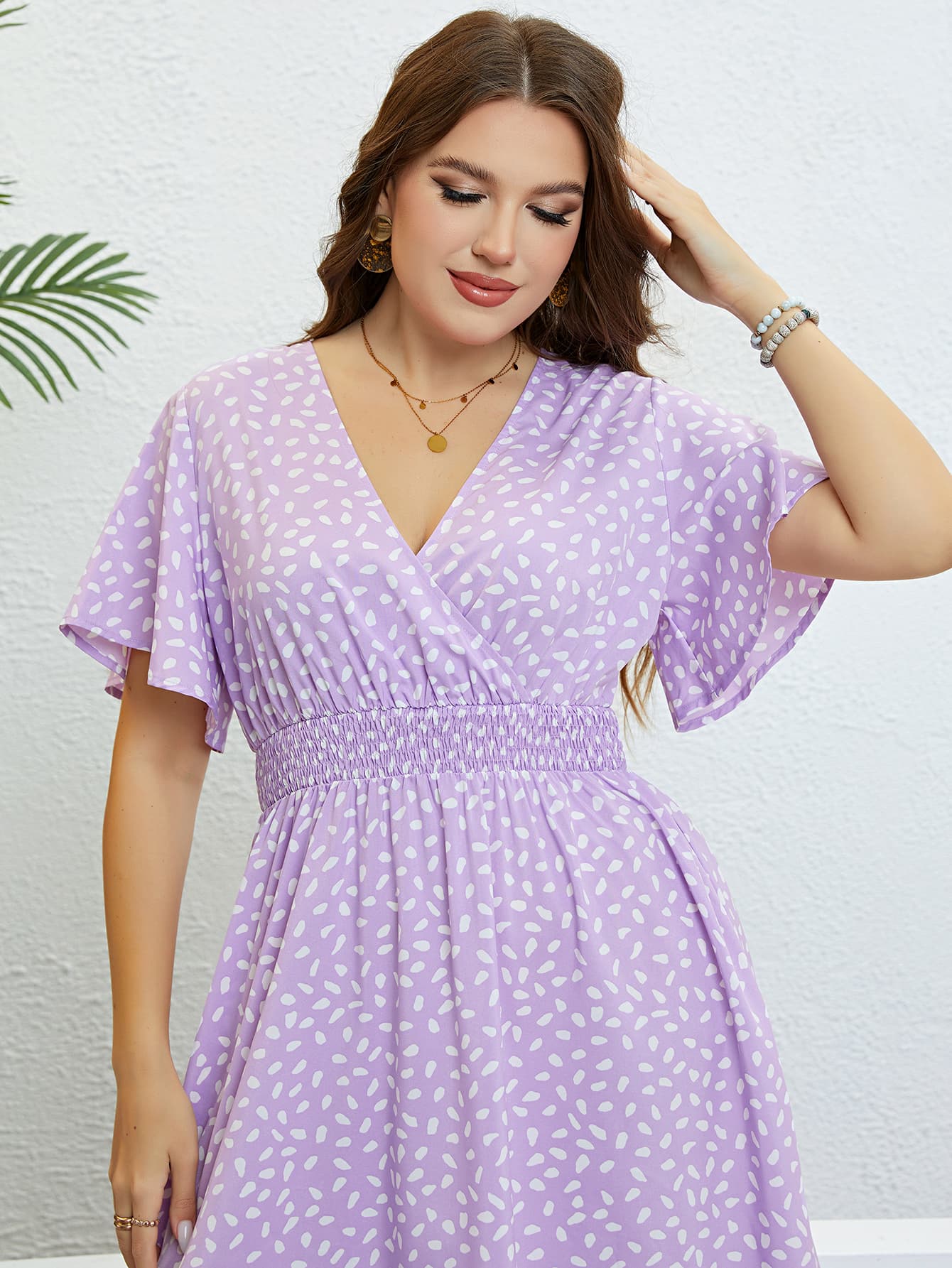 Honey Plus Size Printed Smocked Waist Surplice Dress - MAD RUFFI