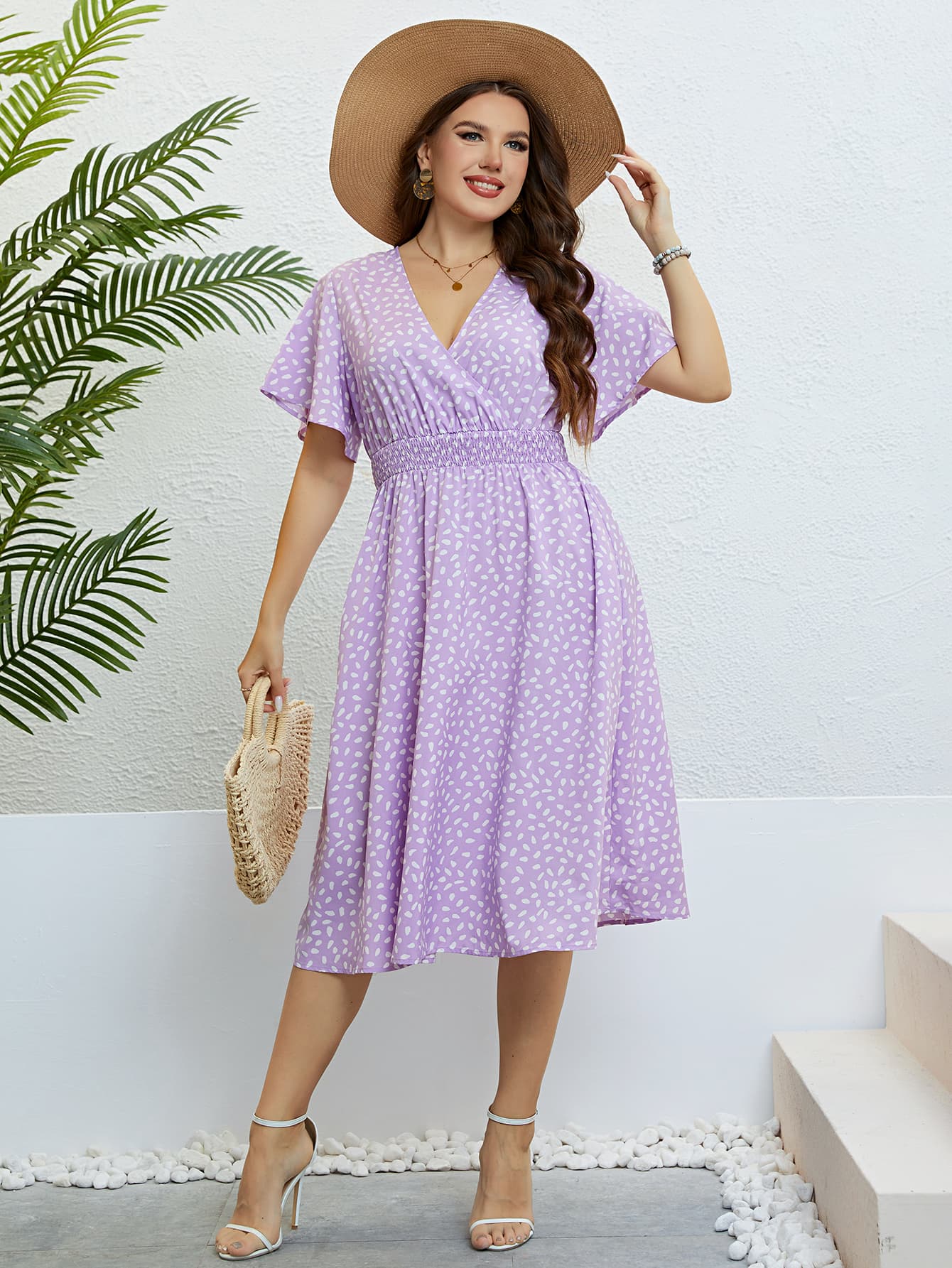 Honey Plus Size Printed Smocked Waist Surplice Dress - MAD RUFFI