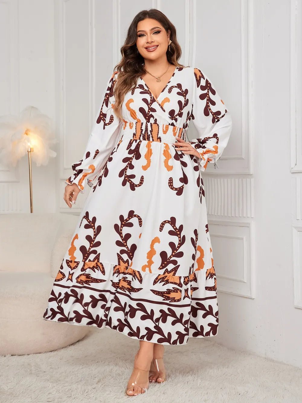 Honey Plus Size Printed Surplice Flounce Sleeve Dress - MAD RUFFI