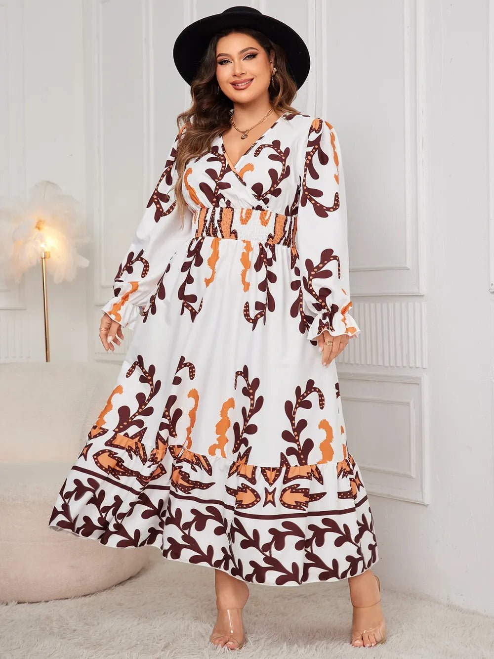 Honey Plus Size Printed Surplice Flounce Sleeve Dress - MAD RUFFI