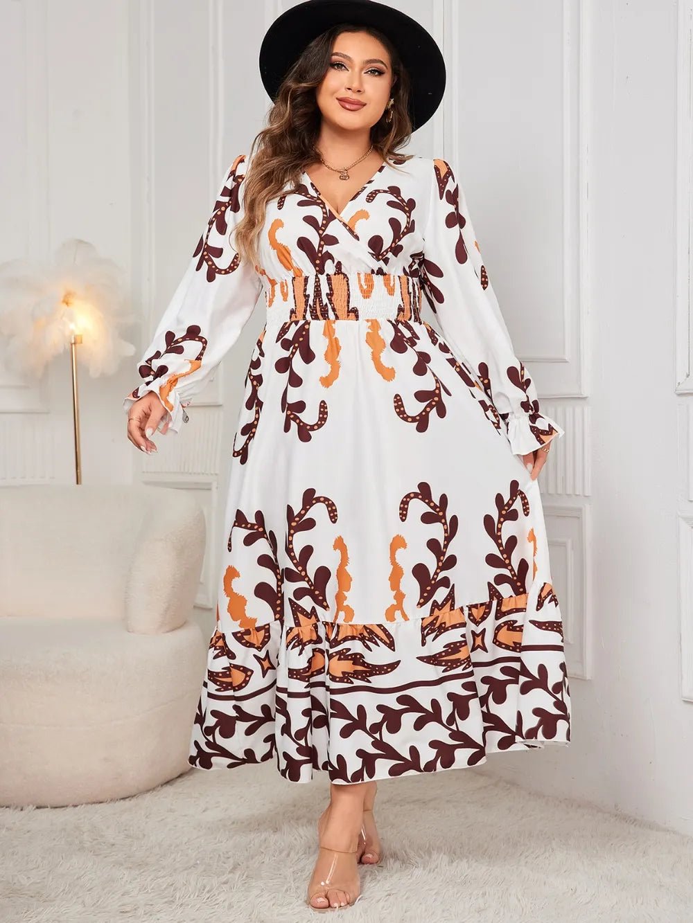 Honey Plus Size Printed Surplice Flounce Sleeve Dress - MAD RUFFI