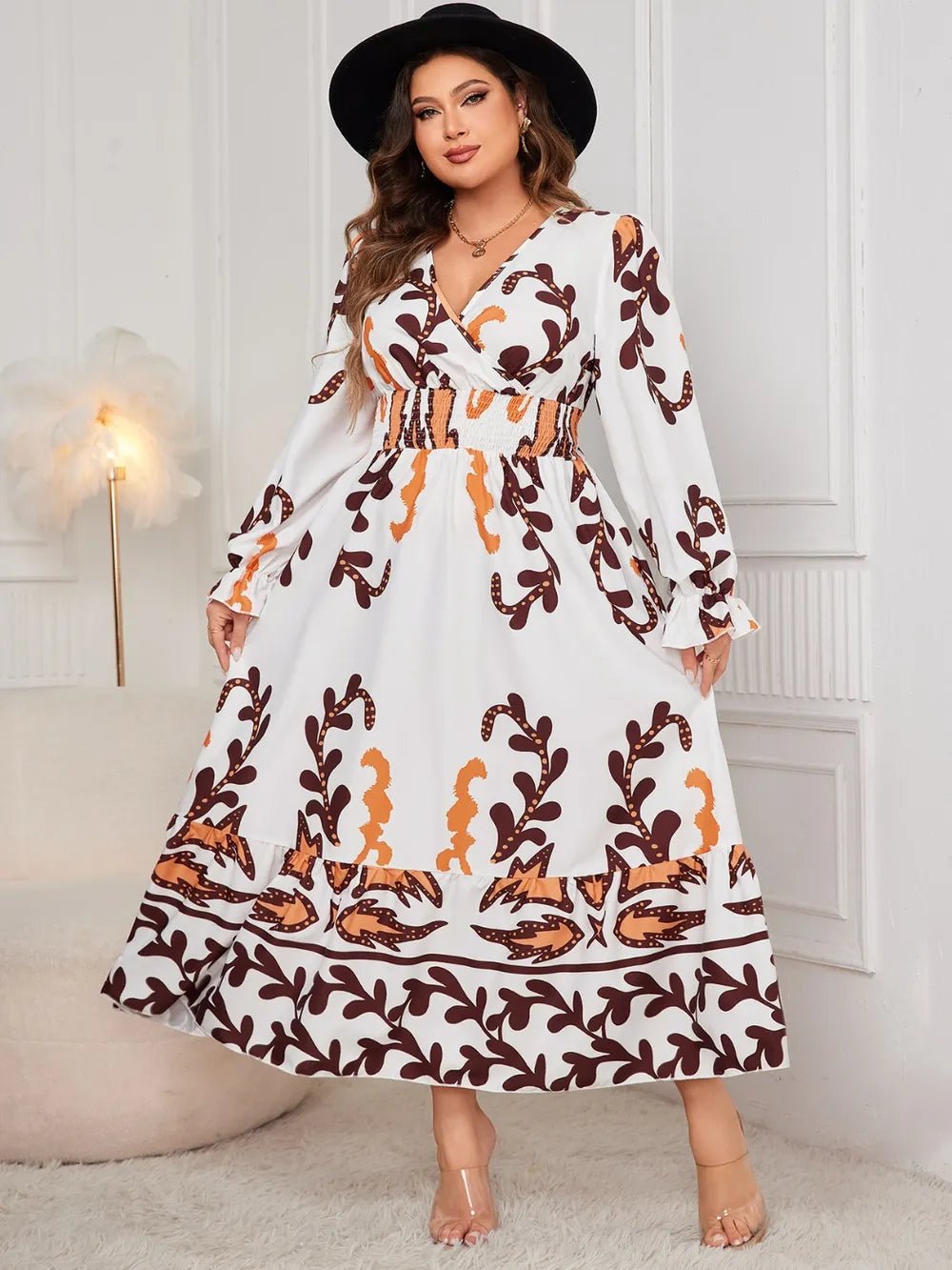 Honey Plus Size Printed Surplice Flounce Sleeve Dress - MAD RUFFI