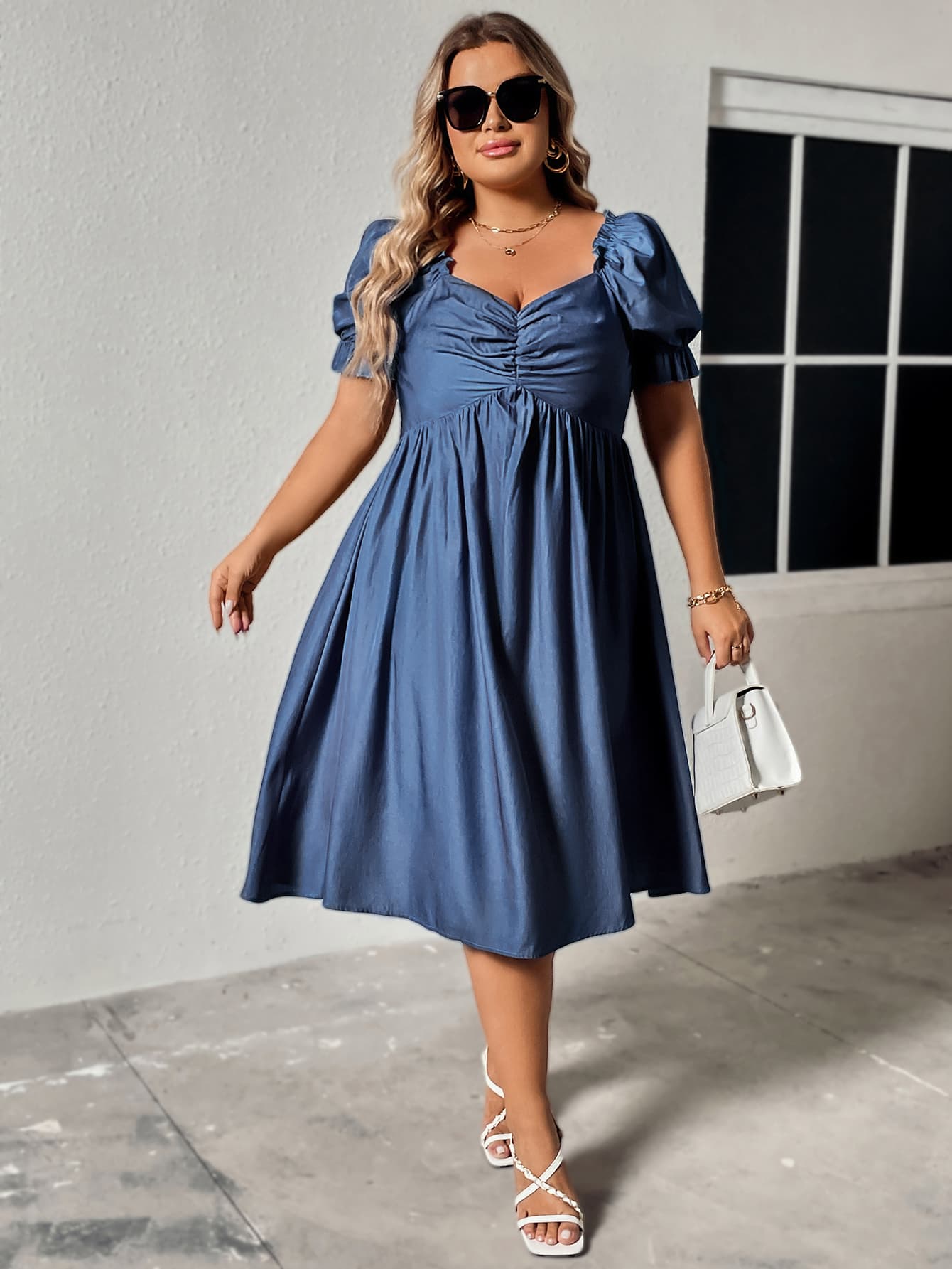 Honey Plus Size Ruched Sweetheart Neck Dress - MAD RUFFI