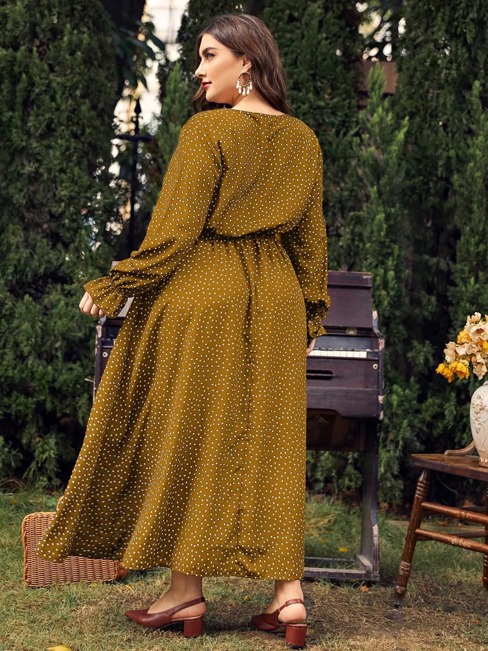 Honey Plus Size Ruffled Polka Dot Long Sleeve Midi Dress - MAD RUFFI