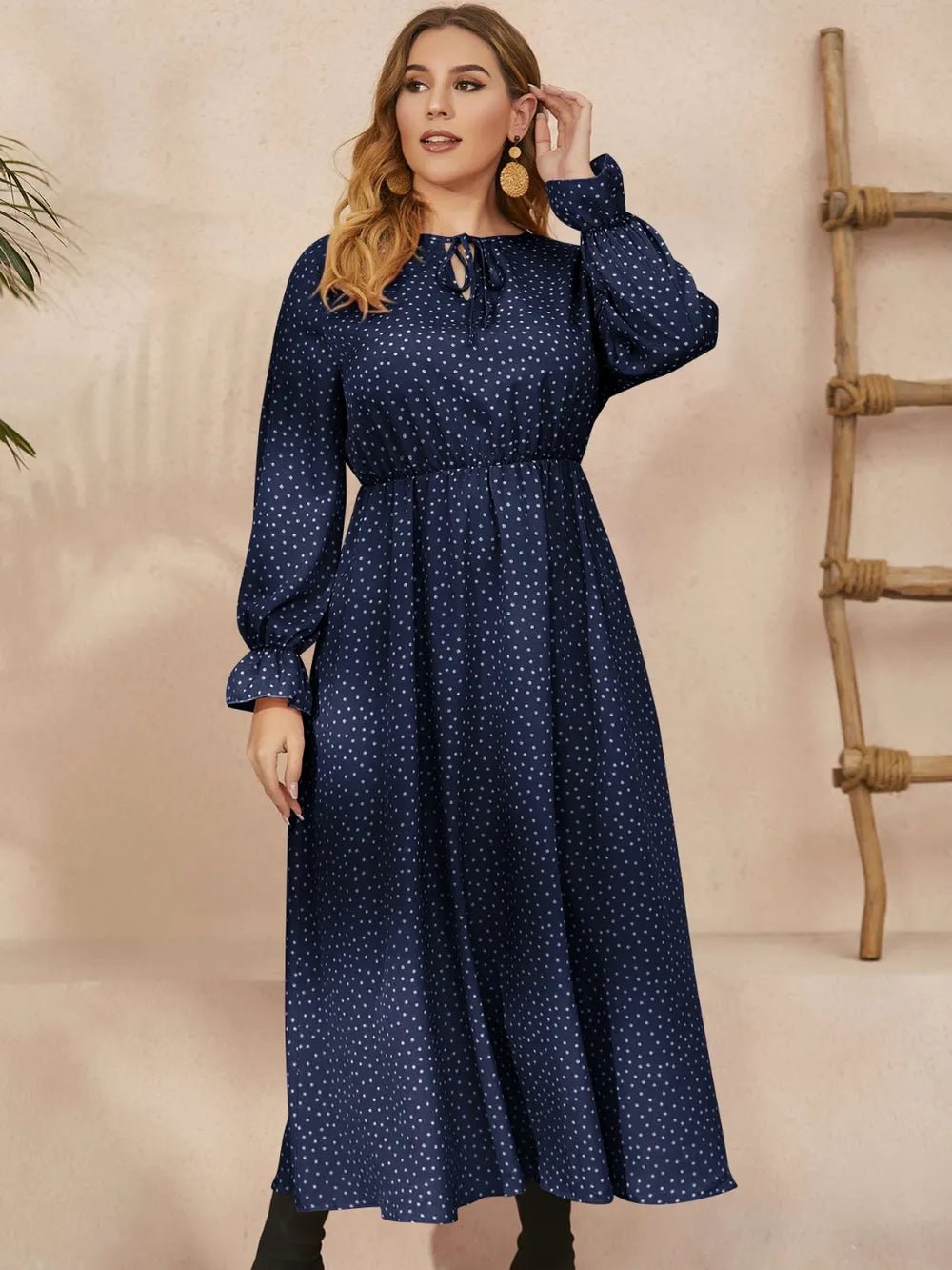 Honey Plus Size Ruffled Polka Dot Long Sleeve Midi Dress - MAD RUFFI