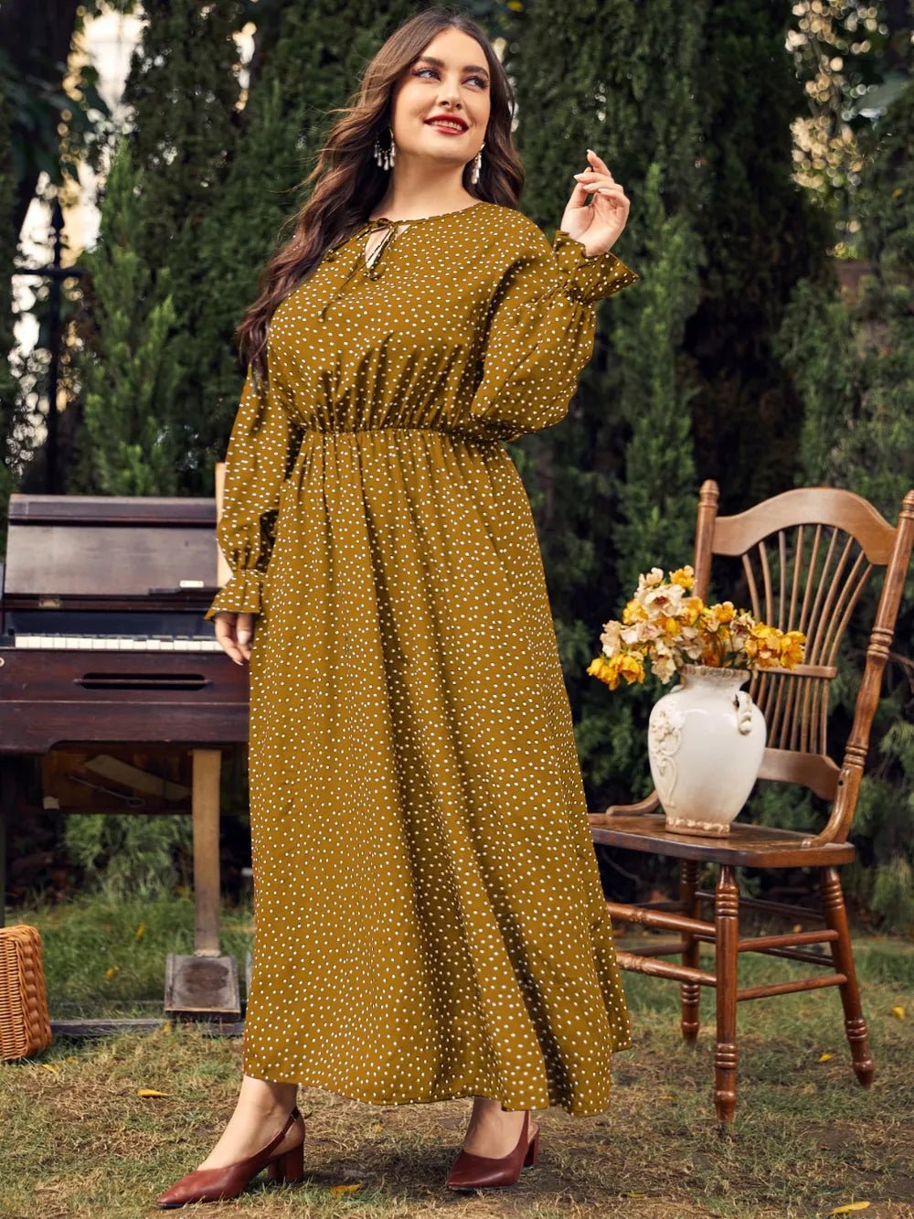 Honey Plus Size Ruffled Polka Dot Long Sleeve Midi Dress - MAD RUFFI