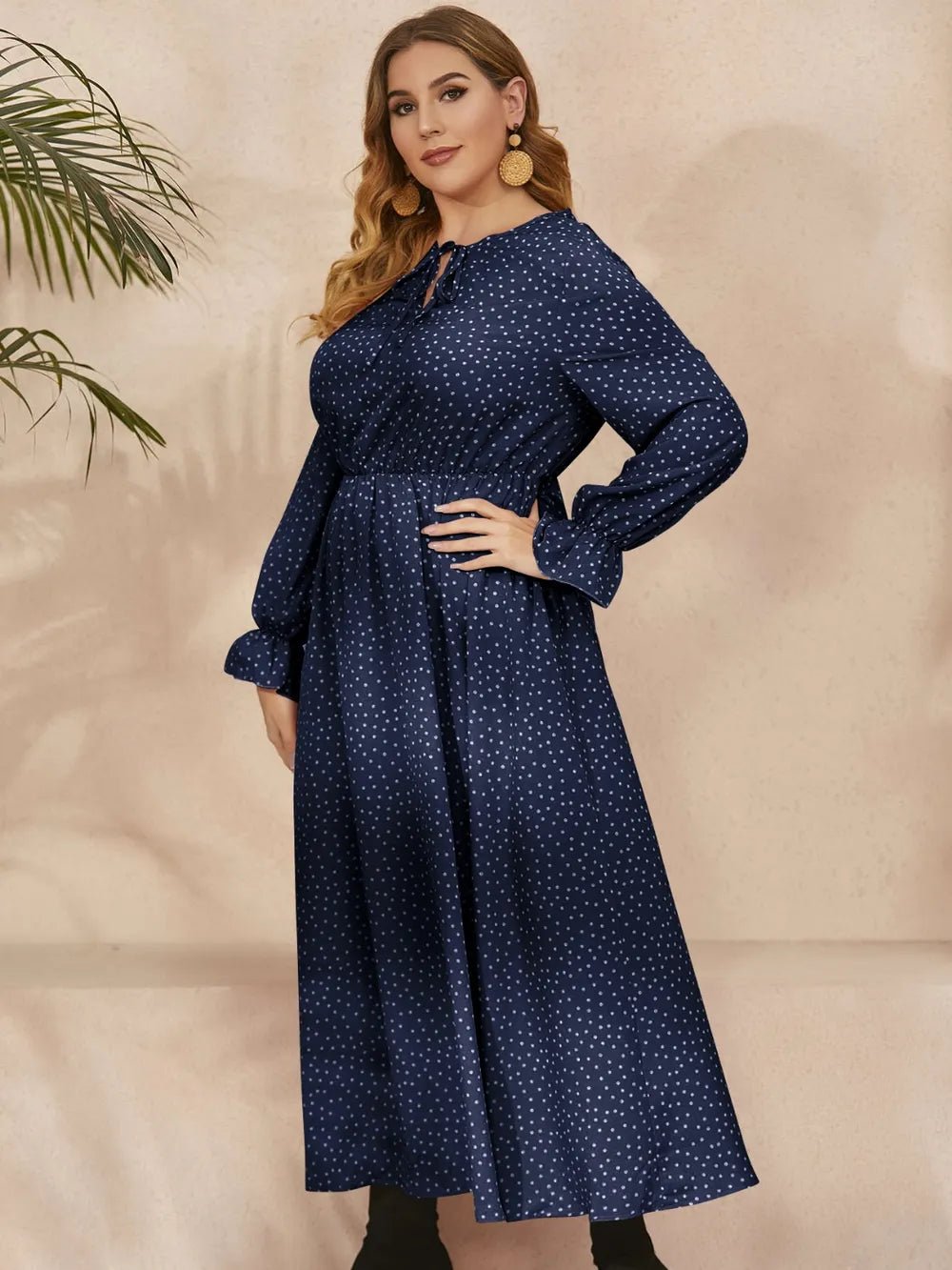 Honey Plus Size Ruffled Polka Dot Long Sleeve Midi Dress - MAD RUFFI