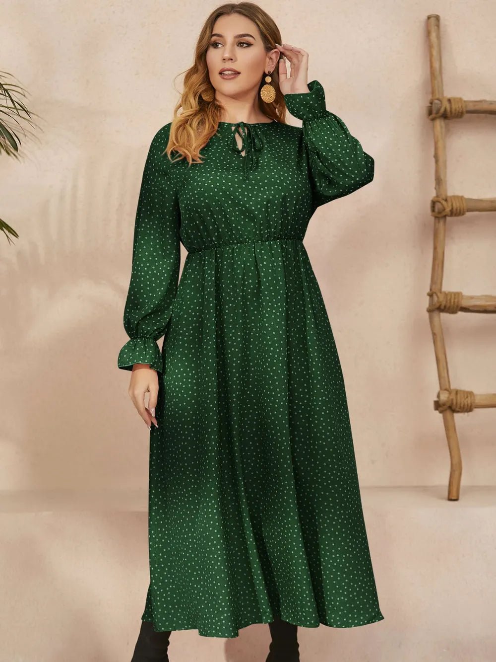 Honey Plus Size Ruffled Polka Dot Long Sleeve Midi Dress - MAD RUFFI