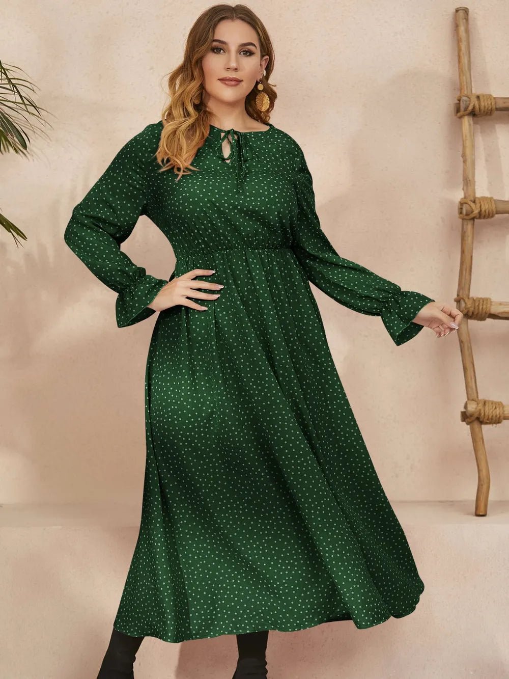 Honey Plus Size Ruffled Polka Dot Long Sleeve Midi Dress - MAD RUFFI