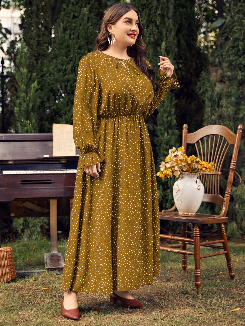 Honey Plus Size Ruffled Polka Dot Long Sleeve Midi Dress - MAD RUFFI