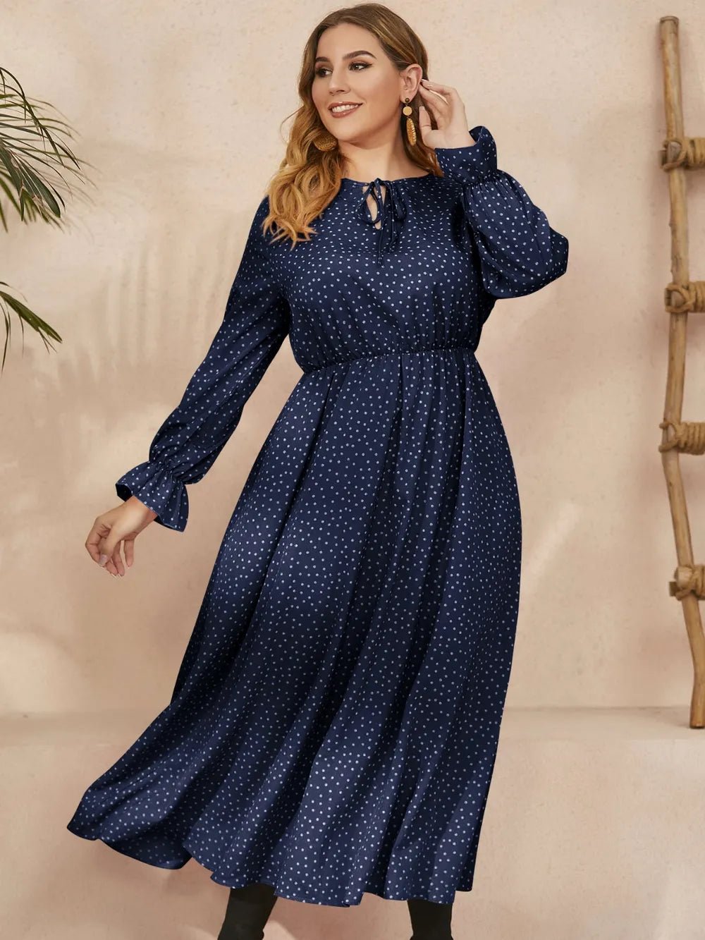 Honey Plus Size Ruffled Polka Dot Long Sleeve Midi Dress - MAD RUFFI