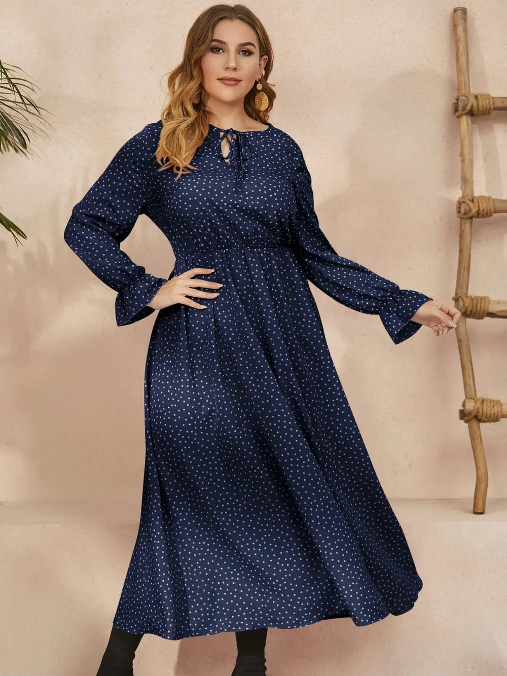 Honey Plus Size Ruffled Polka Dot Long Sleeve Midi Dress - MAD RUFFI