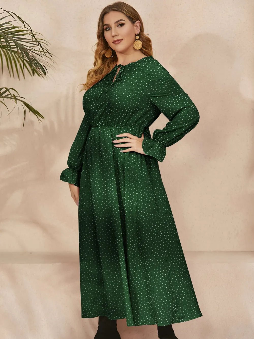 Honey Plus Size Ruffled Polka Dot Long Sleeve Midi Dress - MAD RUFFI
