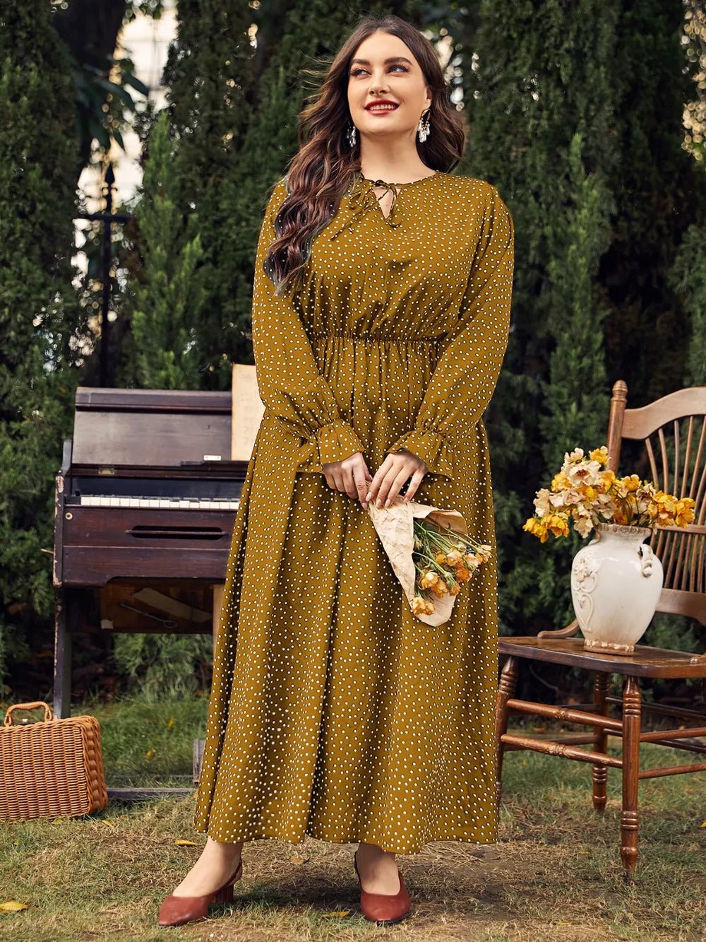 Honey Plus Size Ruffled Polka Dot Long Sleeve Midi Dress - MAD RUFFI