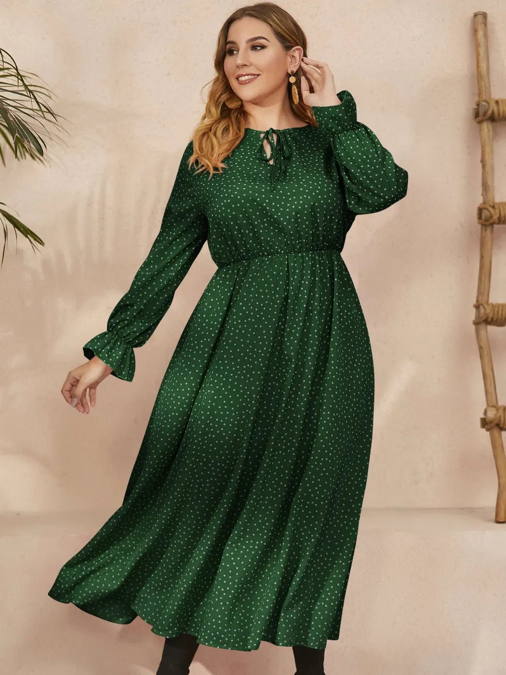 Honey Plus Size Ruffled Polka Dot Long Sleeve Midi Dress - MAD RUFFI