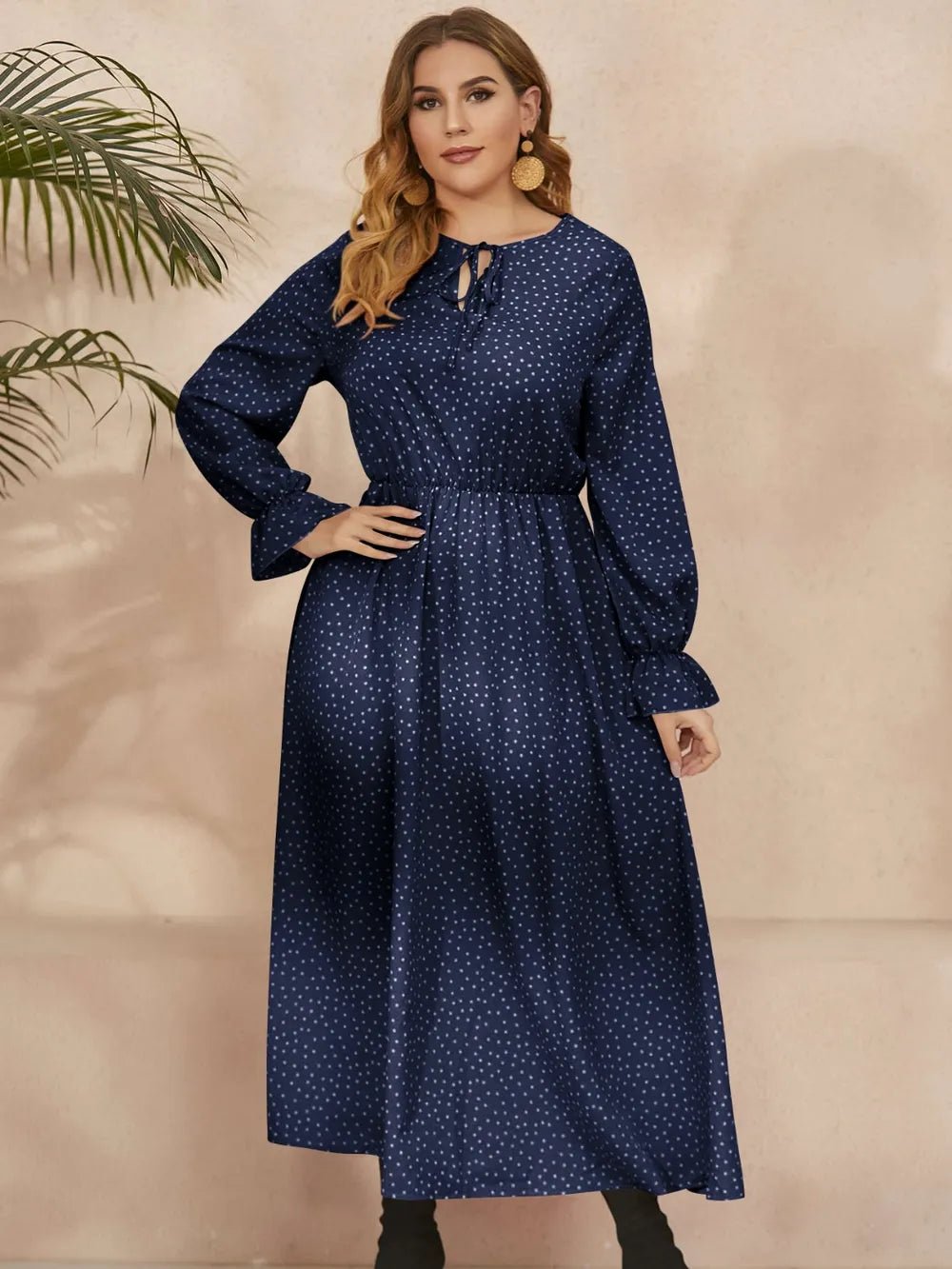 Honey Plus Size Ruffled Polka Dot Long Sleeve Midi Dress - MAD RUFFI
