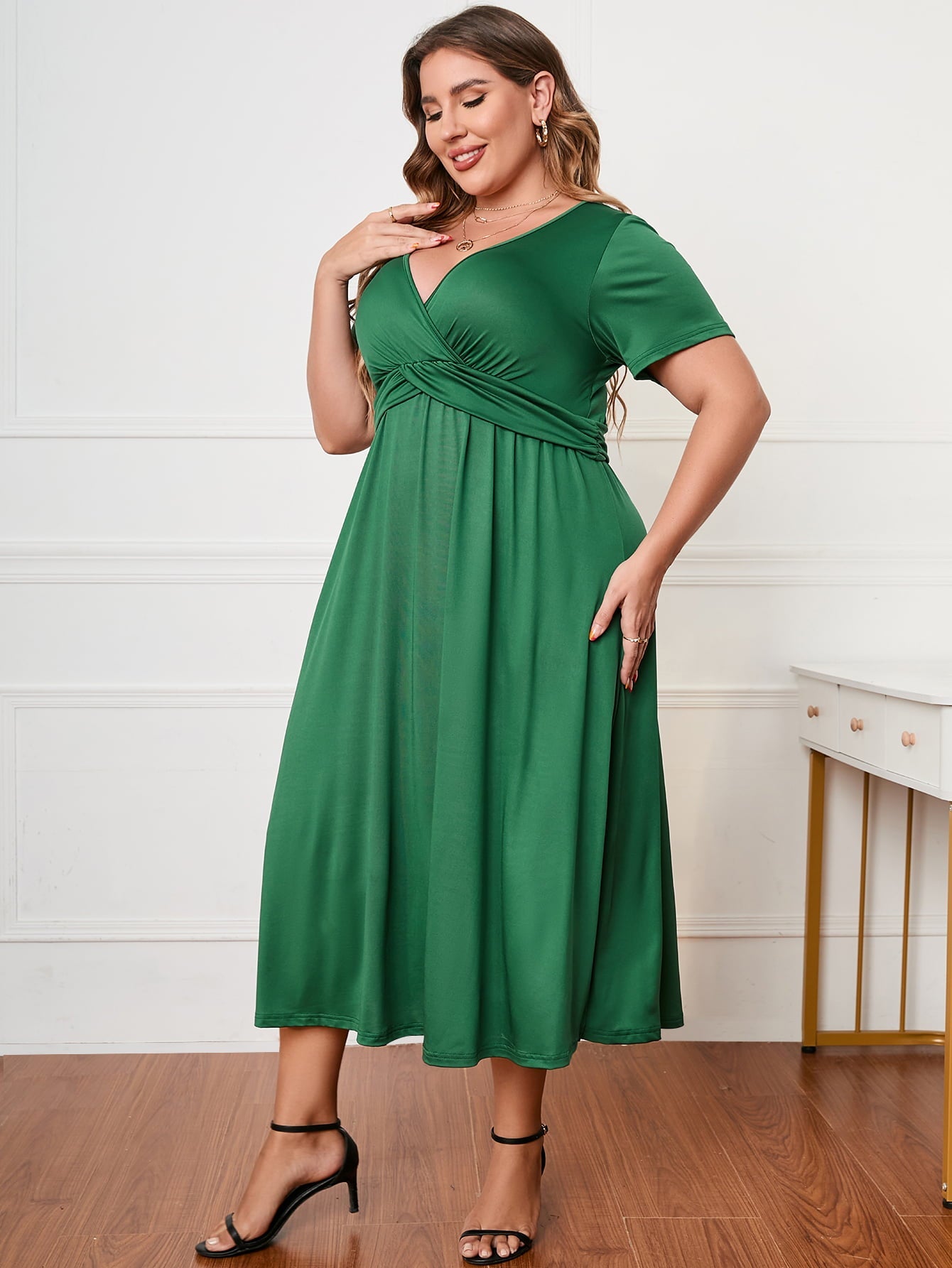 Honey Plus Size Short Sleeve Surplice Neck Midi Dress - MAD RUFFI