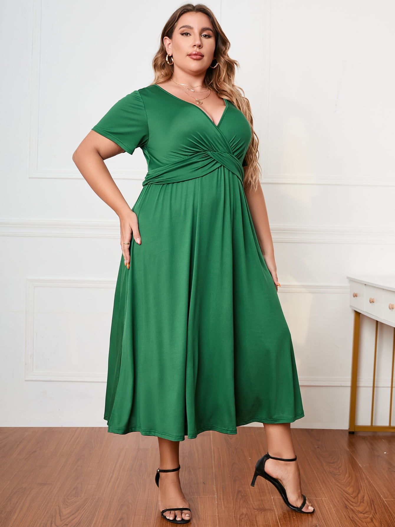 Honey Plus Size Short Sleeve Surplice Neck Midi Dress - MAD RUFFI