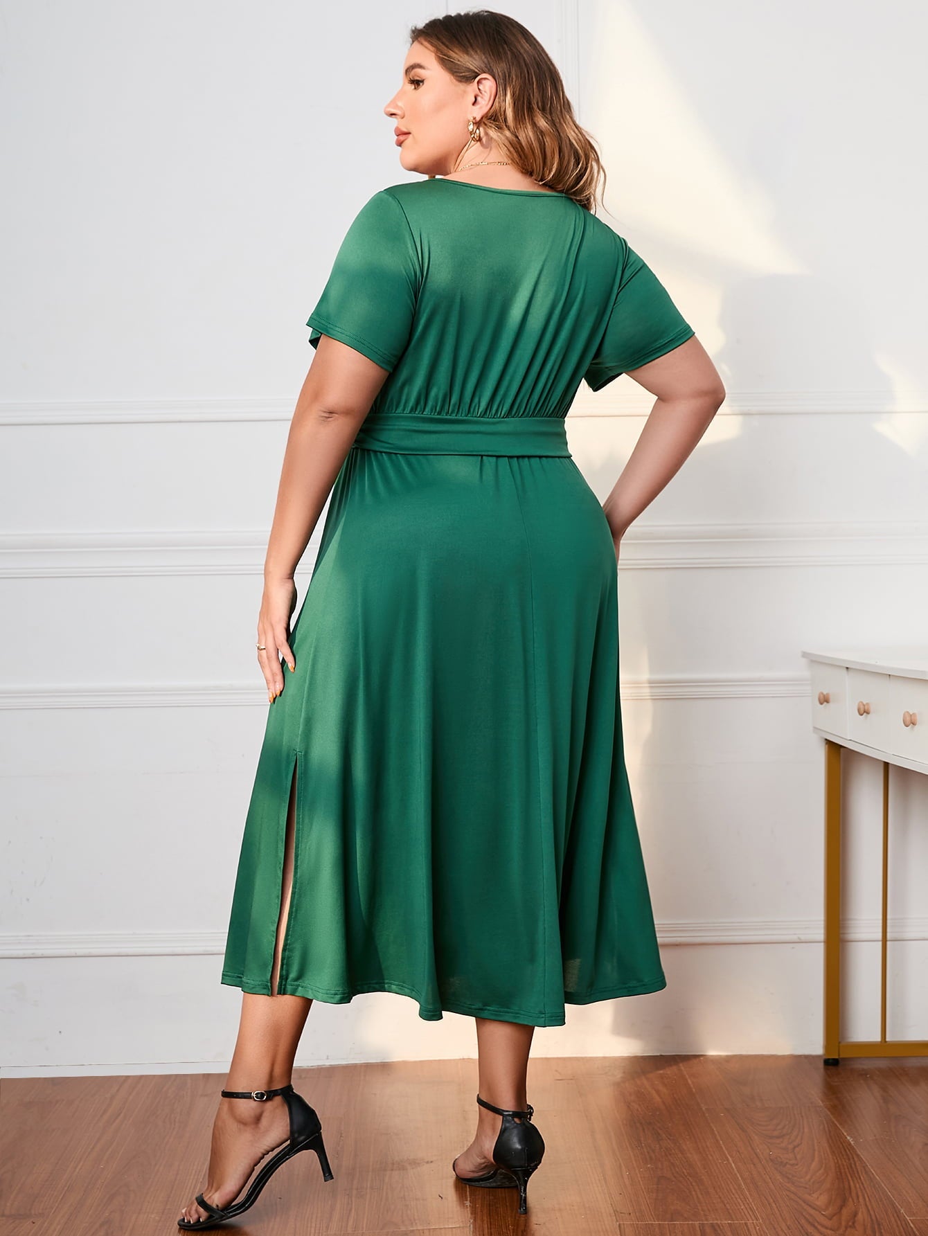 Honey Plus Size Short Sleeve Surplice Neck Midi Dress - MAD RUFFI