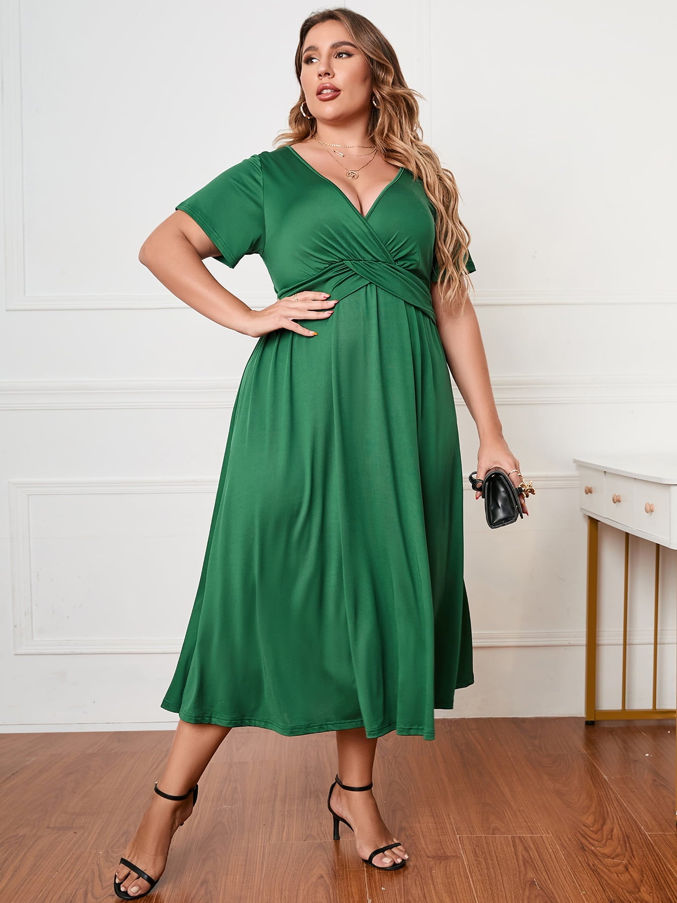 Honey Plus Size Short Sleeve Surplice Neck Midi Dress - MAD RUFFI