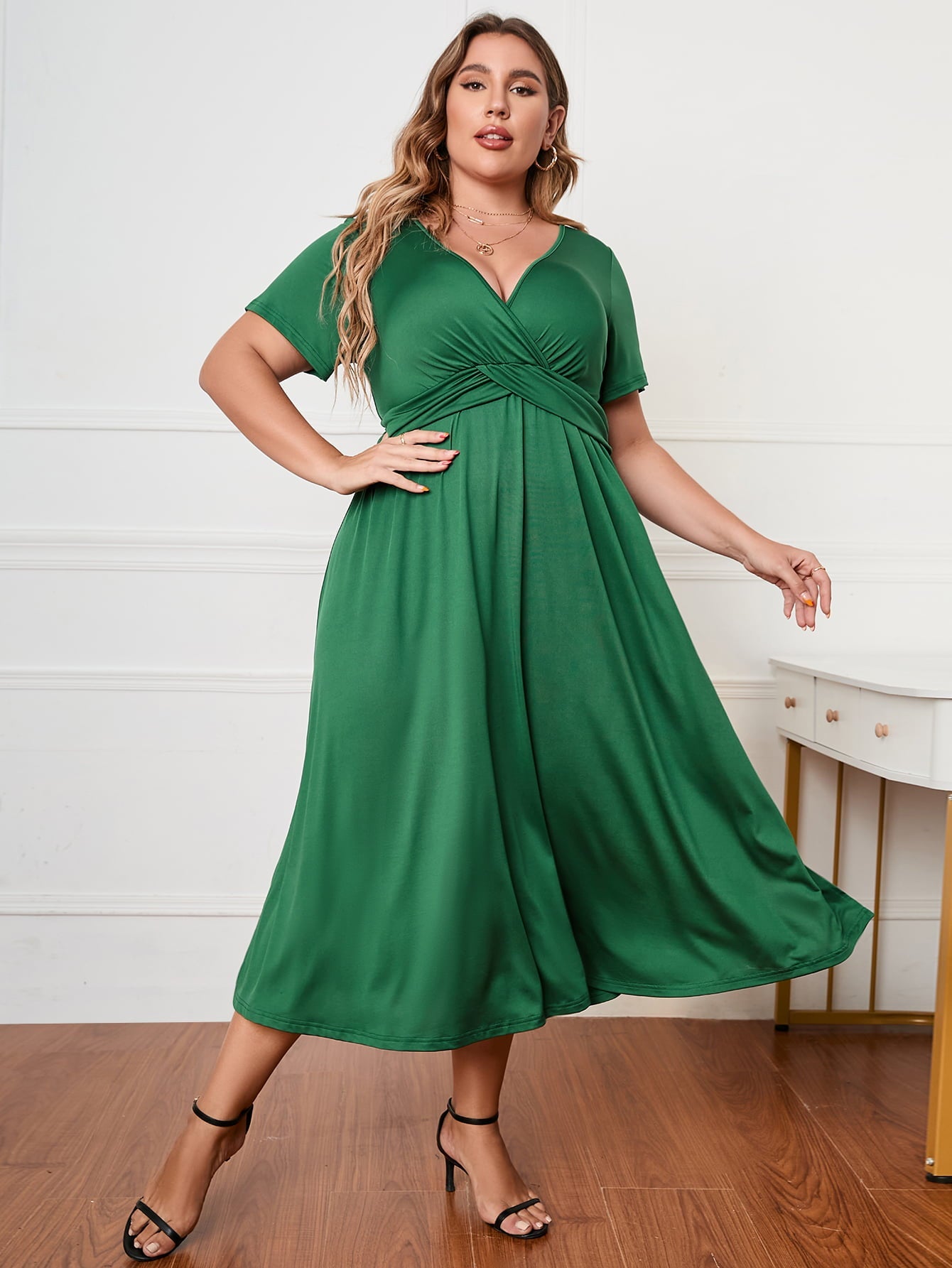 Honey Plus Size Short Sleeve Surplice Neck Midi Dress - MAD RUFFI