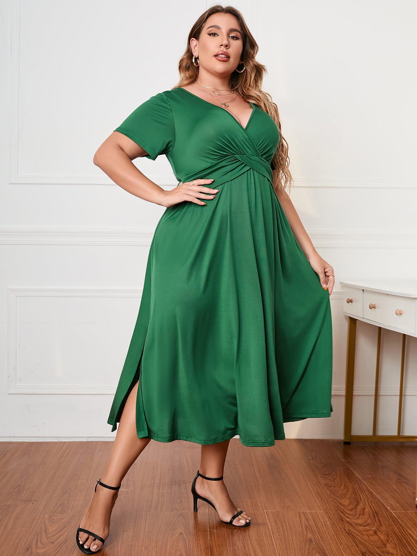 Honey Plus Size Short Sleeve Surplice Neck Midi Dress - MAD RUFFI