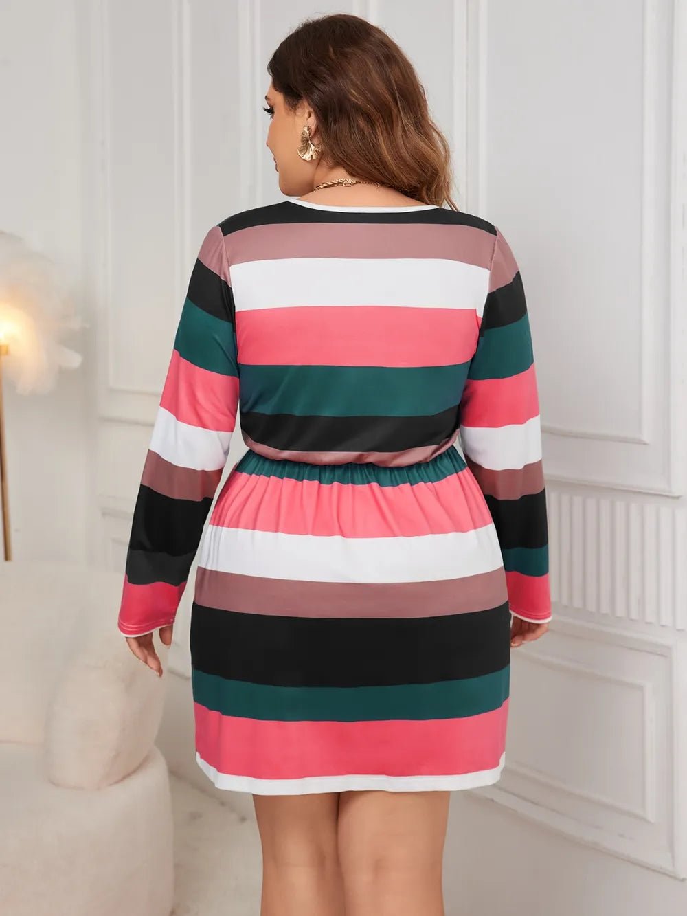 Honey Plus Size Striped V - Neck Long Sleeve Mini Dress - MAD RUFFI