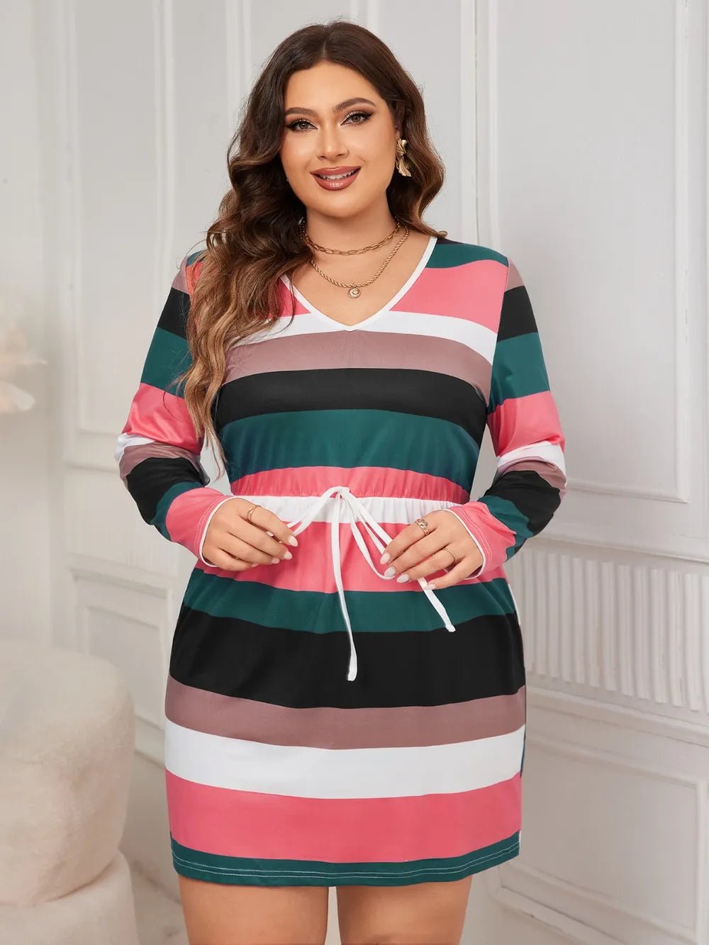 Honey Plus Size Striped V - Neck Long Sleeve Mini Dress - MAD RUFFI