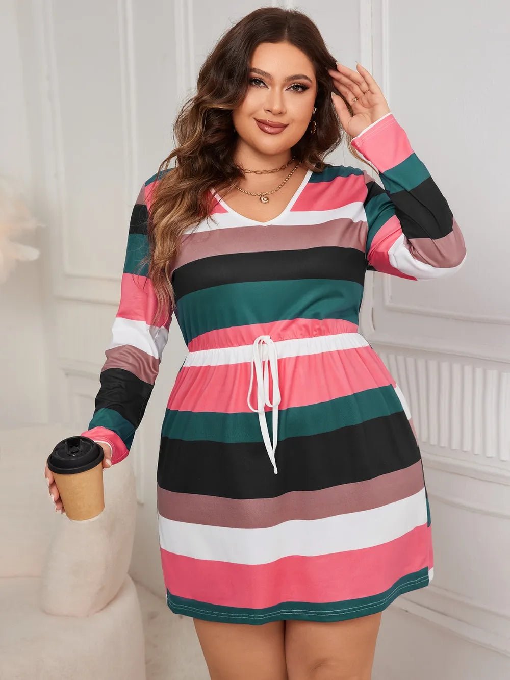 Honey Plus Size Striped V - Neck Long Sleeve Mini Dress - MAD RUFFI
