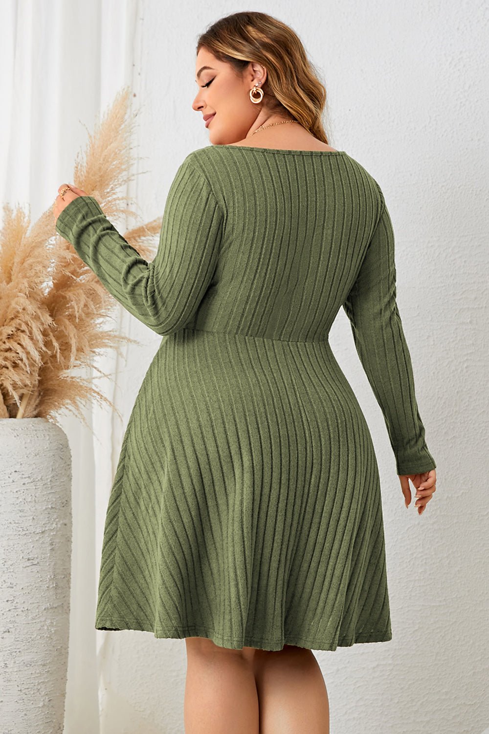 Honey Plus Size Sweetheart Neck Long Sleeve Ribbed Dress - MAD RUFFI