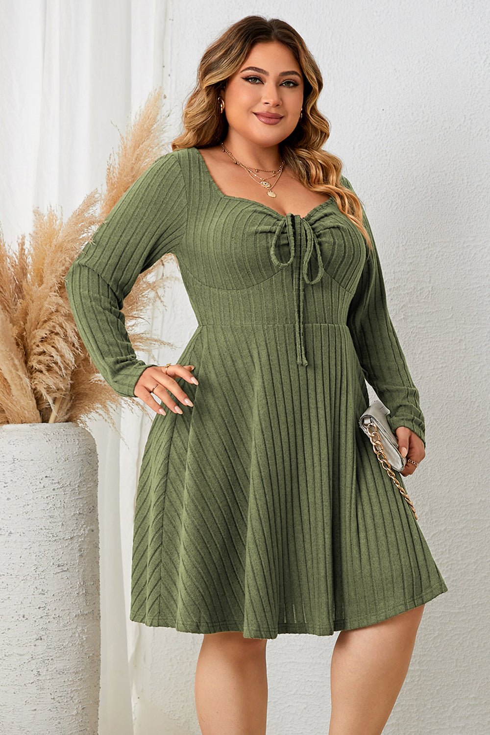 Honey Plus Size Sweetheart Neck Long Sleeve Ribbed Dress - MAD RUFFI