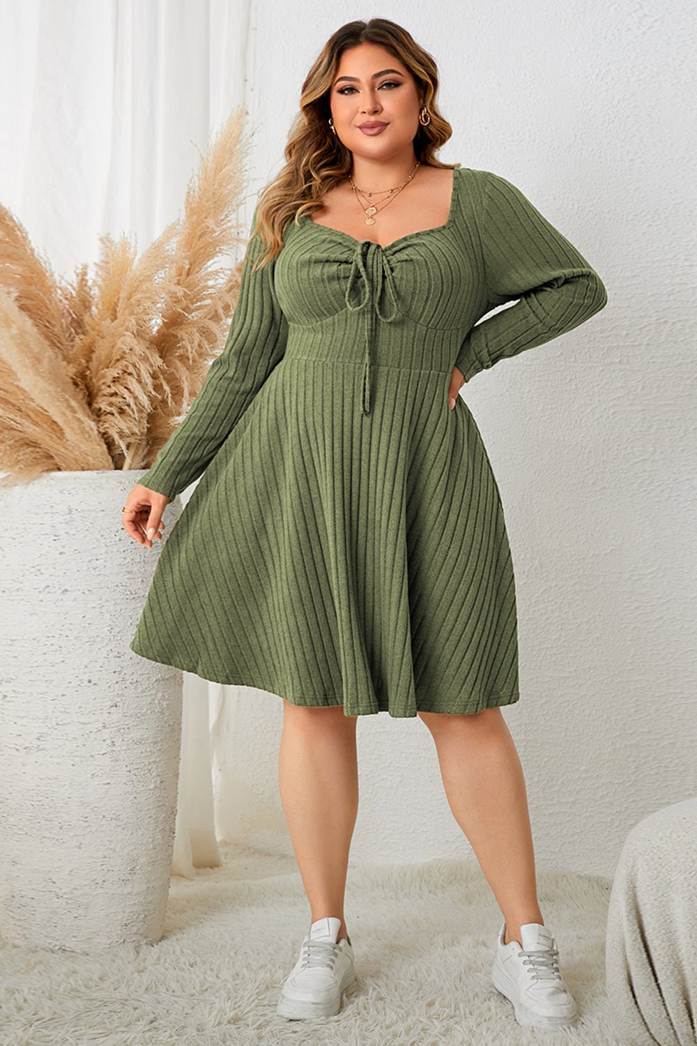 Honey Plus Size Sweetheart Neck Long Sleeve Ribbed Dress - MAD RUFFI