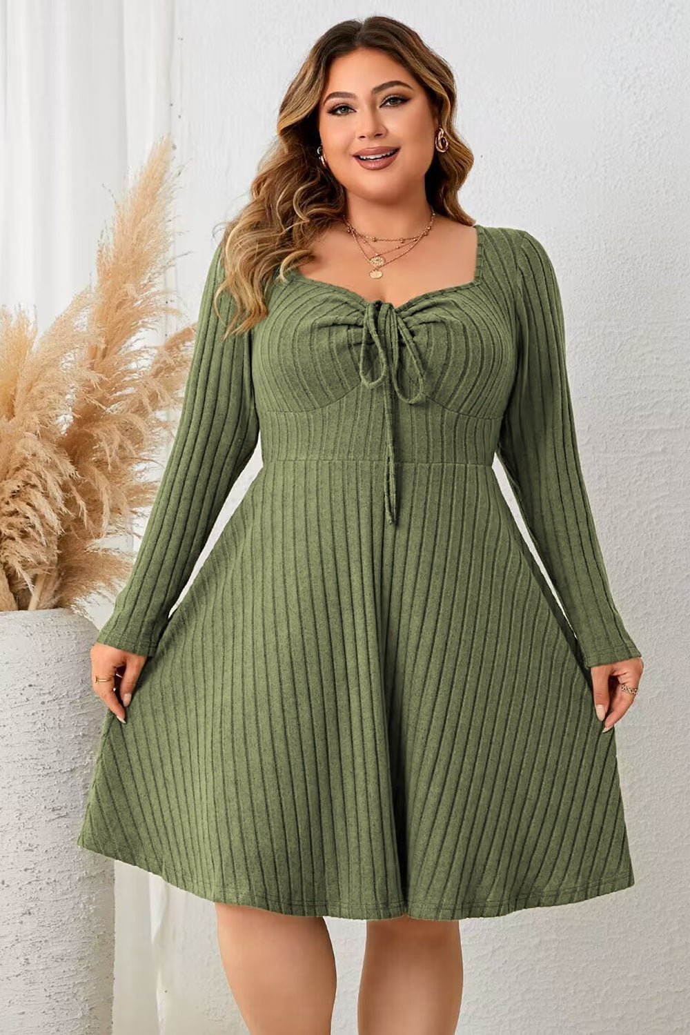 Honey Plus Size Sweetheart Neck Long Sleeve Ribbed Dress - MAD RUFFI