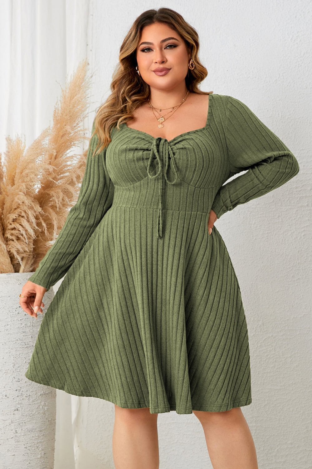 Honey Plus Size Sweetheart Neck Long Sleeve Ribbed Dress - MAD RUFFI