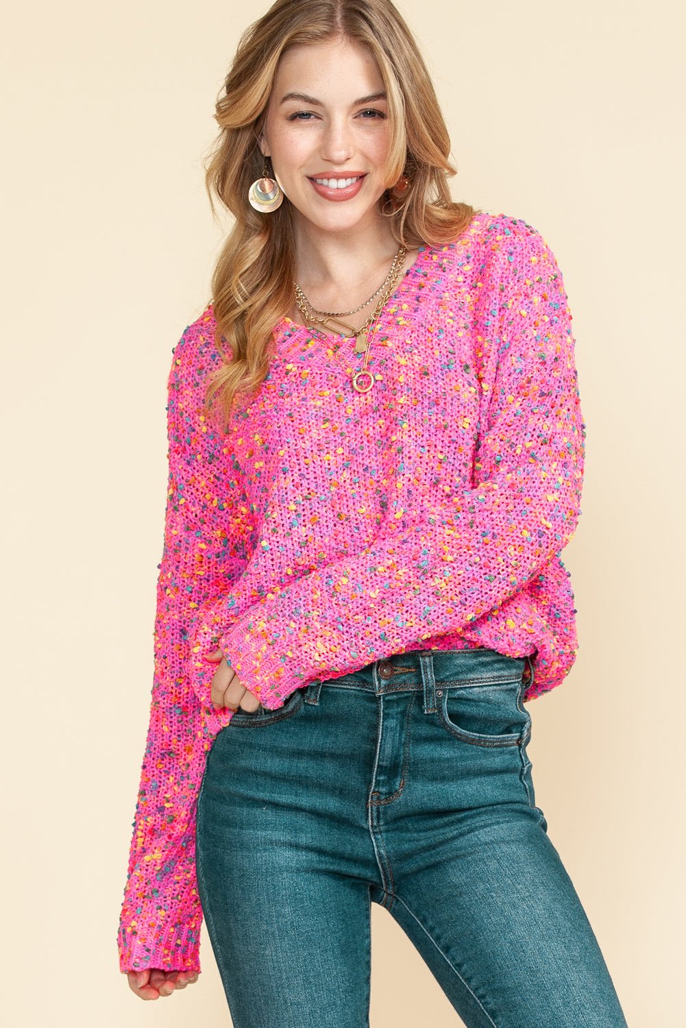 Hot Pink Mixed Color Chunky Knit Sweater - MAD RUFFI