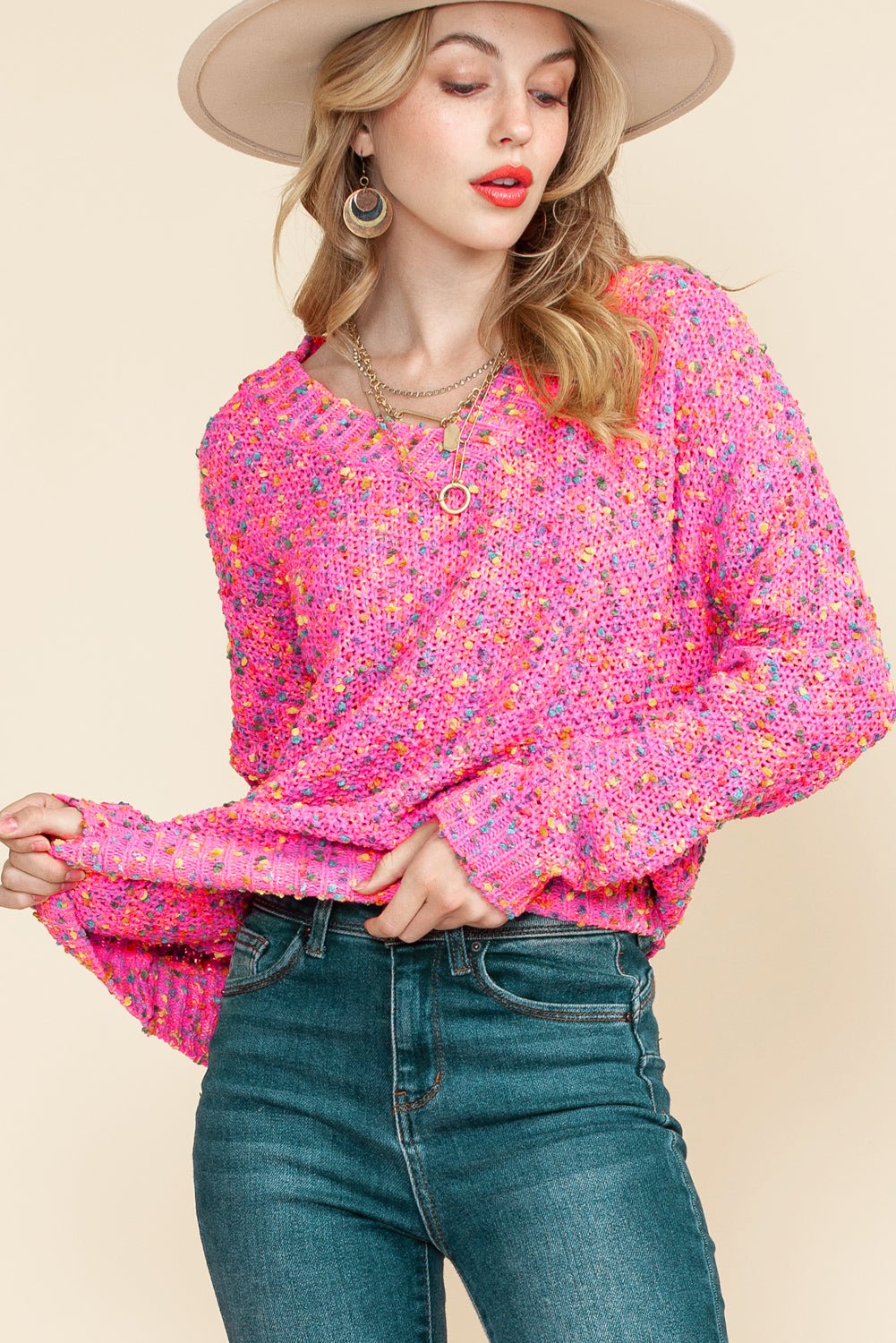 Hot Pink Mixed Color Chunky Knit Sweater - MAD RUFFI
