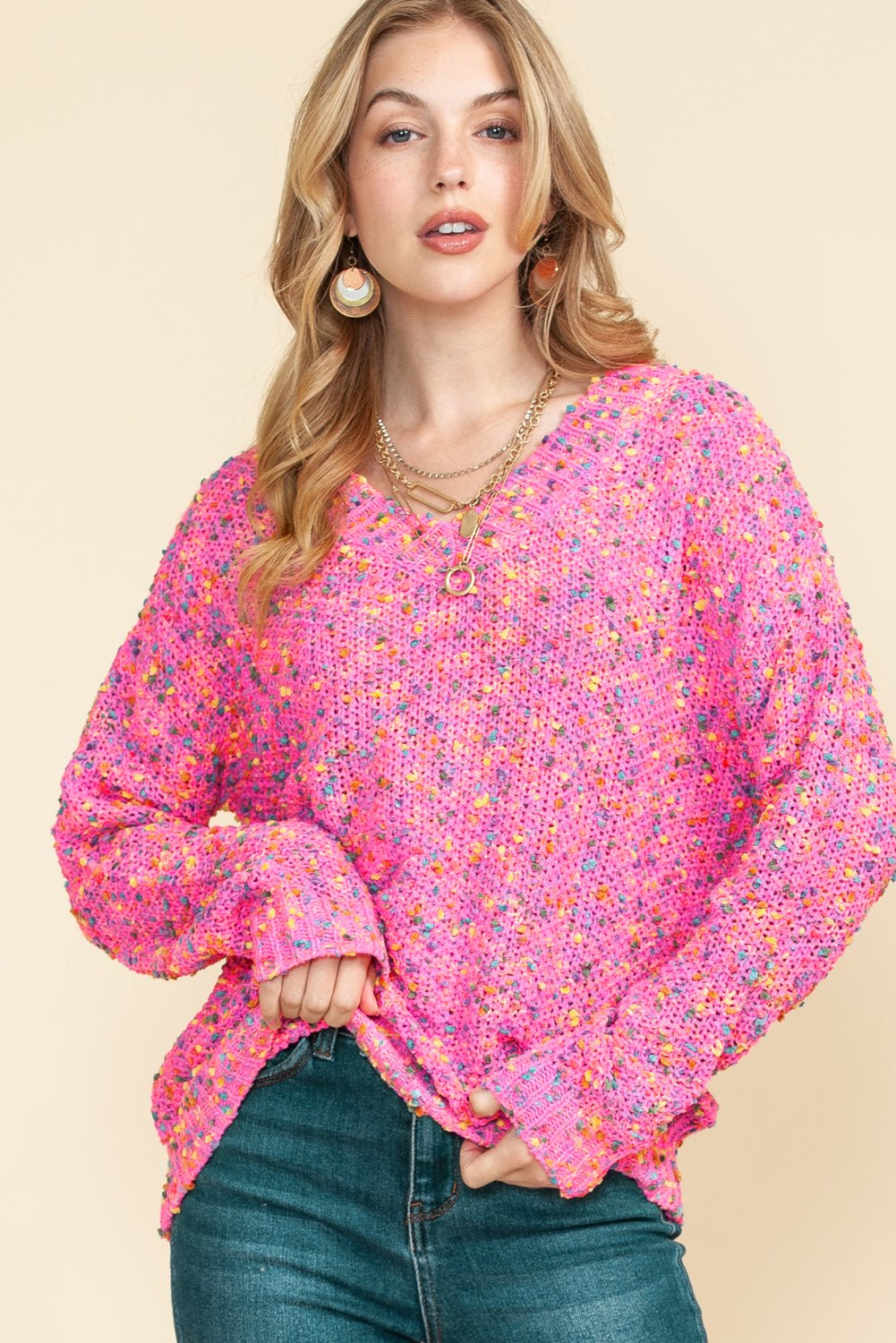 Hot Pink Mixed Color Chunky Knit Sweater - MAD RUFFI