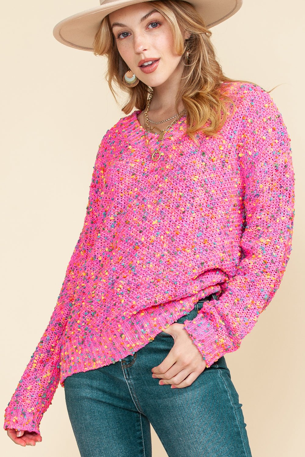 Hot Pink Mixed Color Chunky Knit Sweater - MAD RUFFI