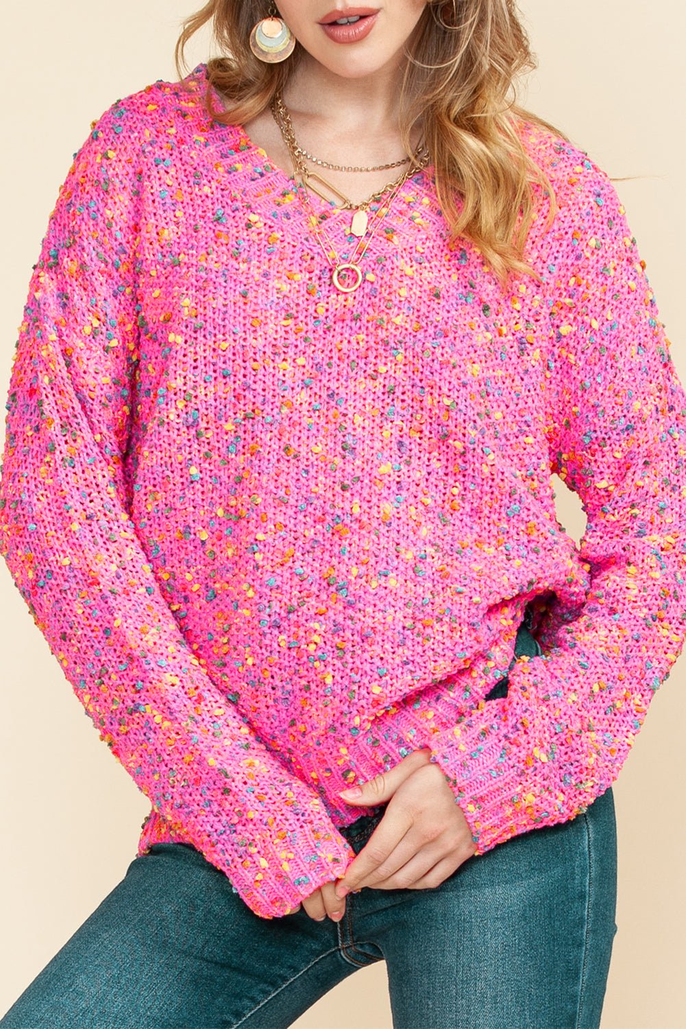 Hot Pink Mixed Color Chunky Knit Sweater - MAD RUFFI