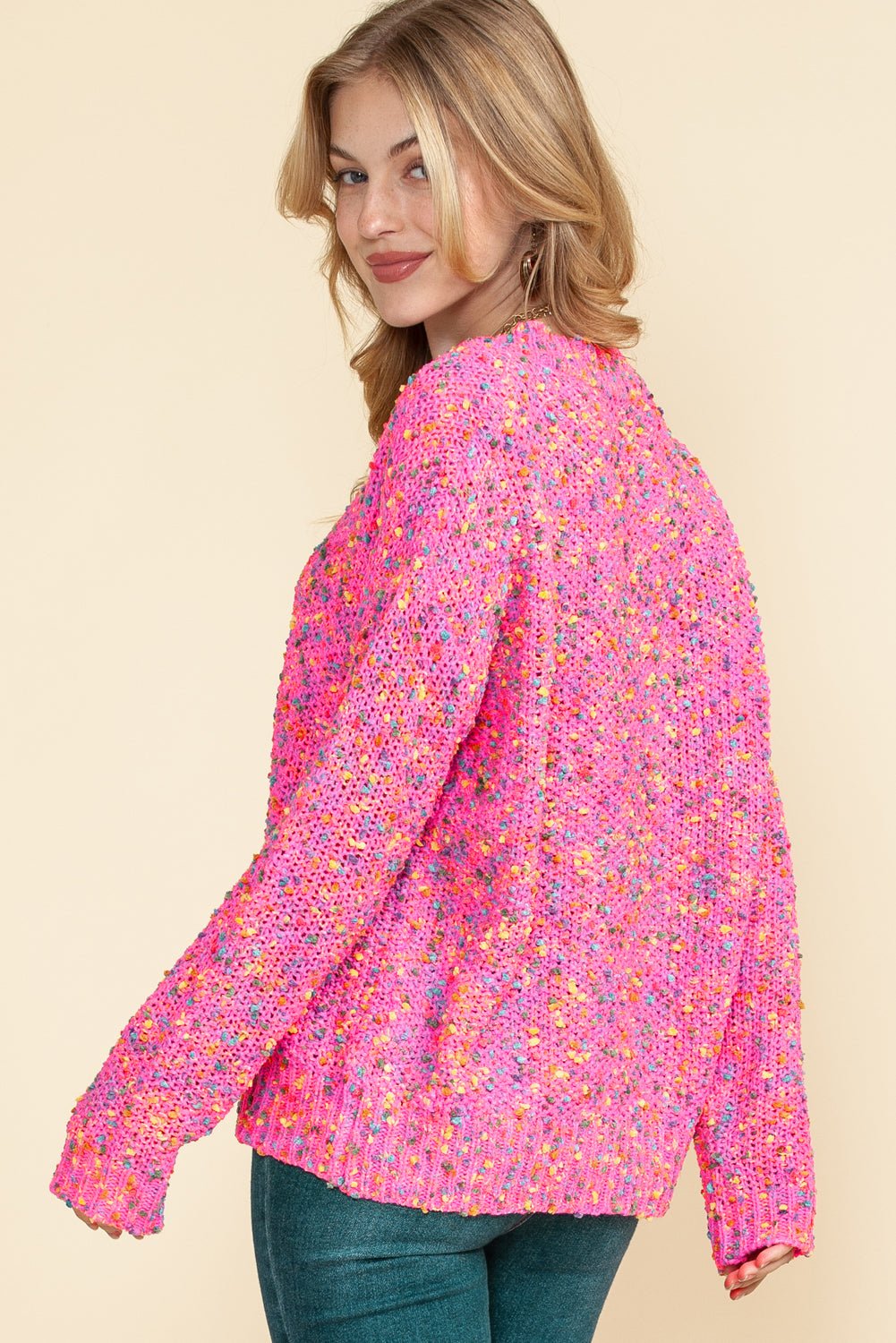 Hot Pink Mixed Color Chunky Knit Sweater - MAD RUFFI